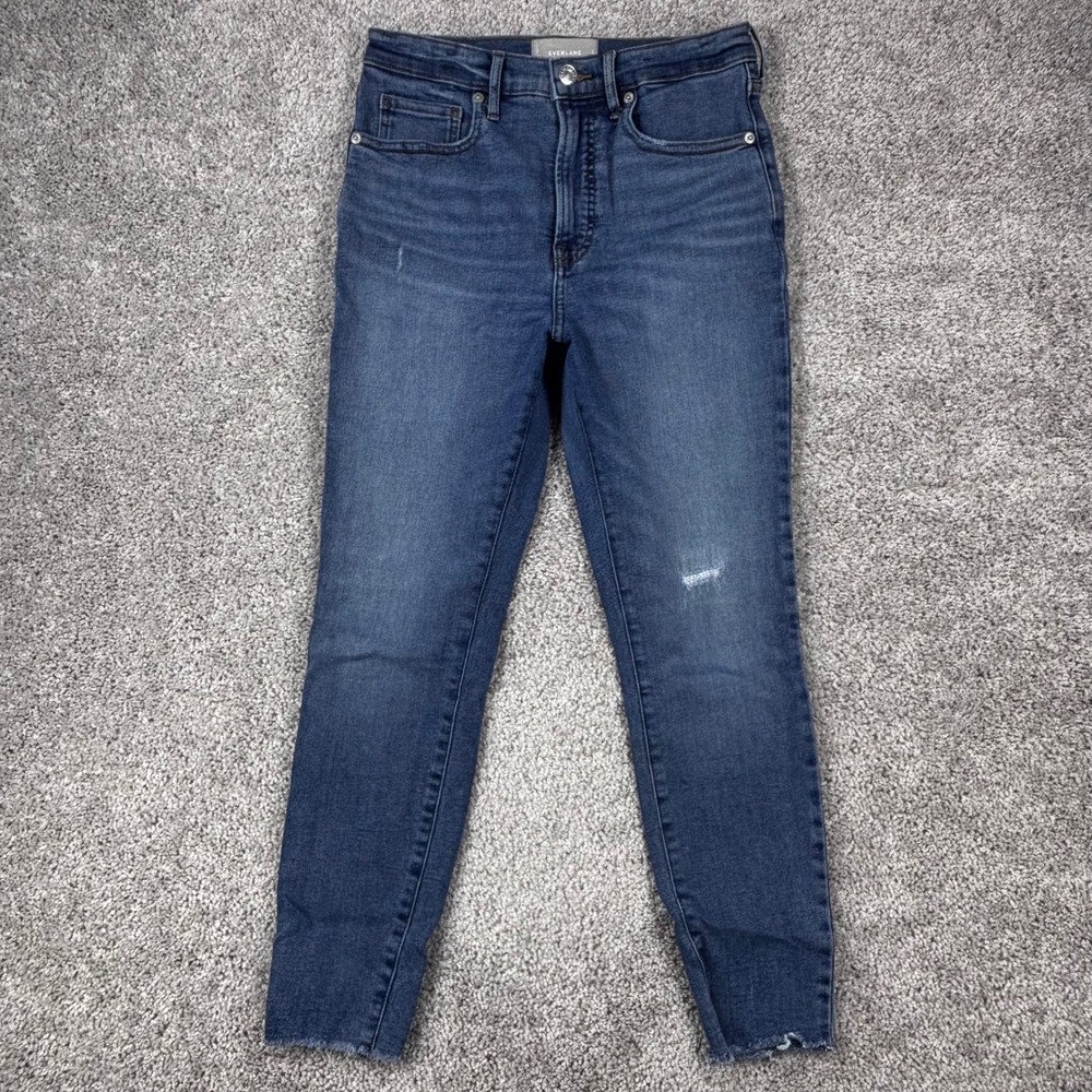 Everlane The High Rise Skinny Jean 28 Ankle Dark Blue Wash Raw Hem Distressed